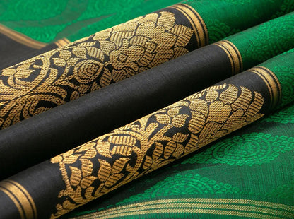 Green And Black Kanchipuram Silk Saree Handwoven Pure Silk Pure Zari For Festive Wear PV G 4307 - Silk Sari - Panjavarnam PV G 4307