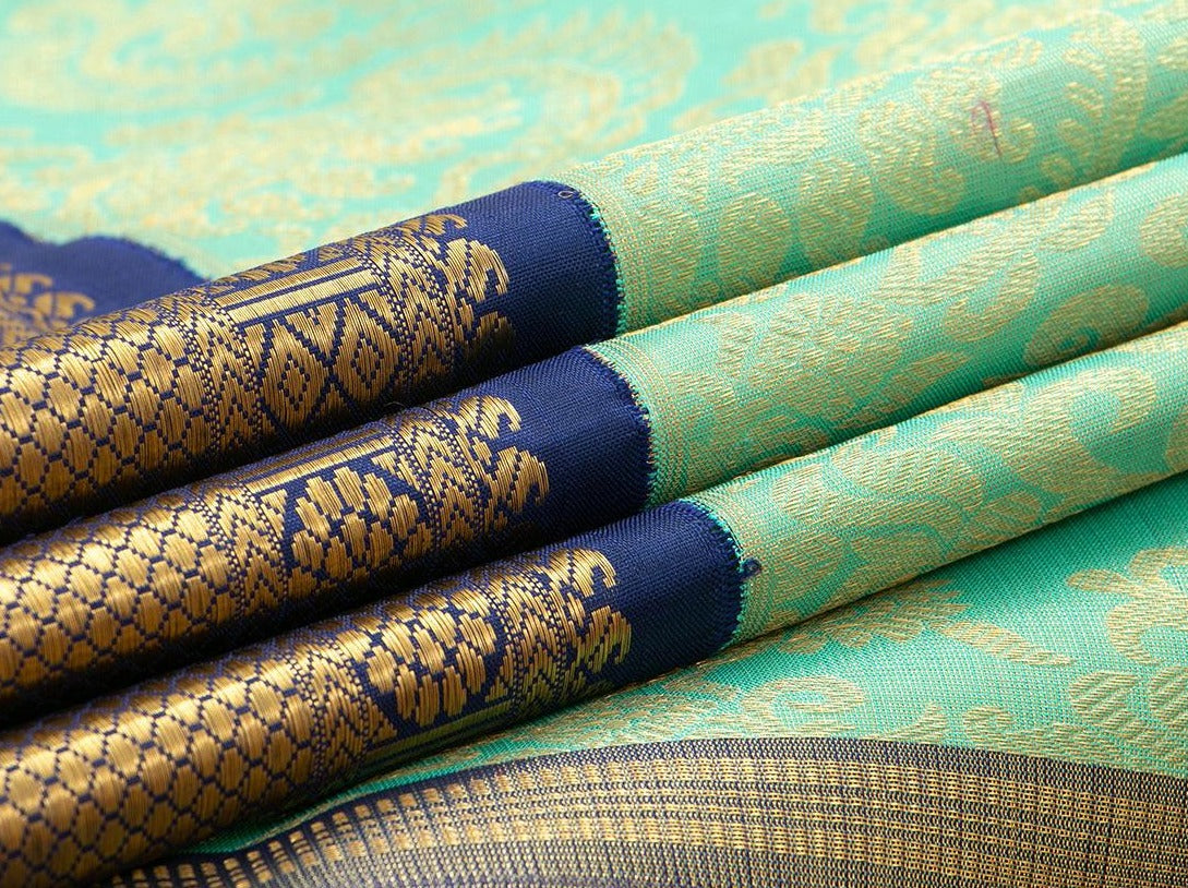 Green And Blue Kanchipuram Silk Saree Handwoven Pure Silk Pure Zari For Wedding Wear PV NYC 349 - Silk Sari - Panjavarnam PV NYC 349