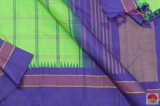Green And Blue Temple Korvai Border Kanchipuram Silk Saree Handwoven Pure Silk Pure Zari For Festive Wear PV G 4055 - Silk Sari - Panjavarnam