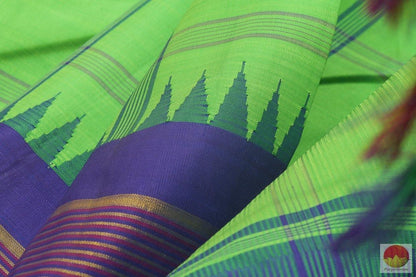 Green And Blue Temple Korvai Border Kanchipuram Silk Saree Handwoven Pure Silk Pure Zari For Festive Wear PV G 4055 - Silk Sari - Panjavarnam PV G 4055