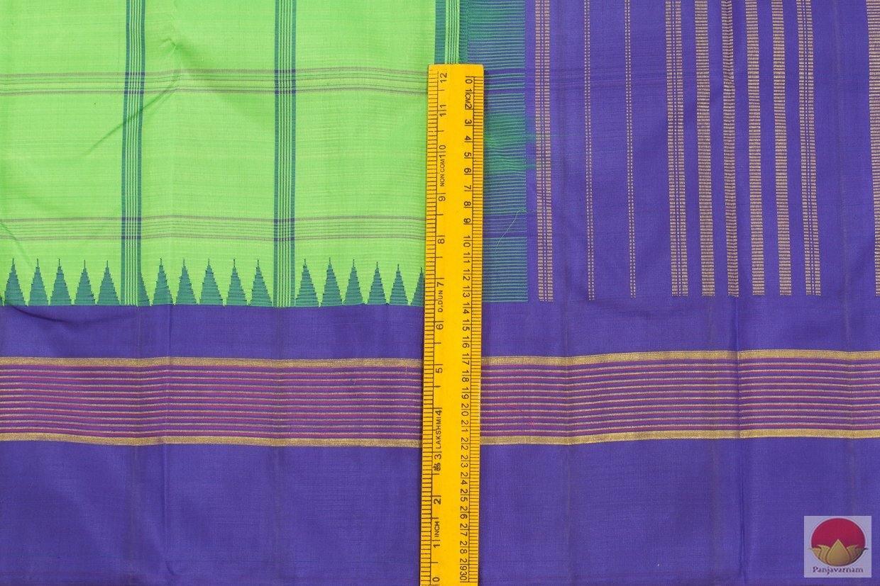 Green And Blue Temple Korvai Border Kanchipuram Silk Saree Handwoven Pure Silk Pure Zari For Festive Wear PV G 4055 - Silk Sari - Panjavarnam PV G 4055