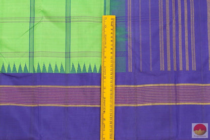 Green And Blue Temple Korvai Border Kanchipuram Silk Saree Handwoven Pure Silk Pure Zari For Festive Wear PV G 4055 - Silk Sari - Panjavarnam PV G 4055