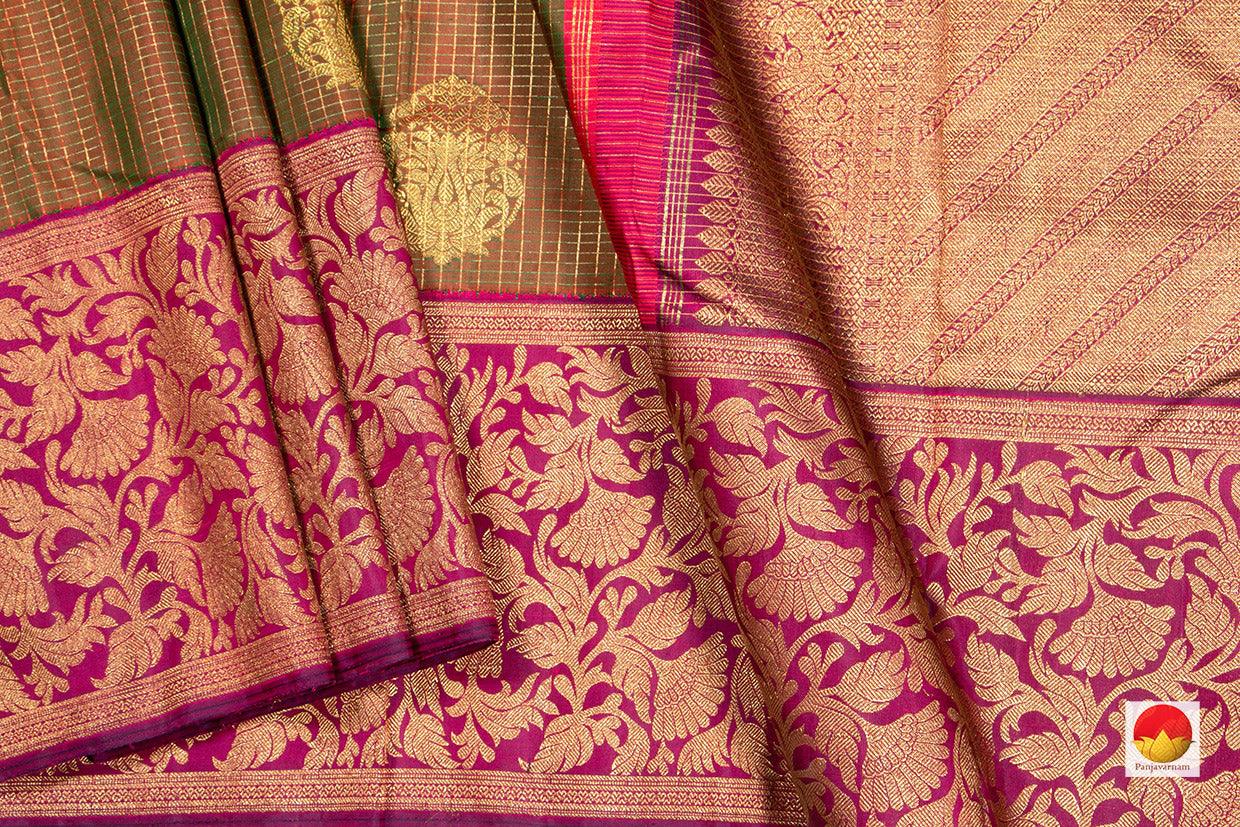 Green And Magenta Kanchipuram Silk Saree Handwoven Pure Silk Pure Zari For Wedding Wear PV NYC 304 - Silk Sari - Panjavarnam PV NYC 304