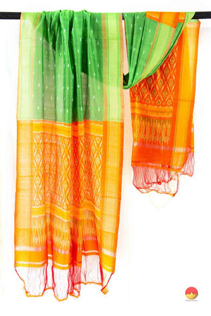 Green And Orange Pochampally Silk Dupatta - PVD 1053 - Dupattas - Panjavarnam PVD 1053