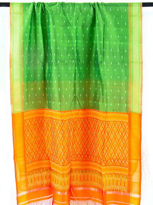 Green And Orange Pochampally Silk Dupatta - PVD 1053 - Dupattas - Panjavarnam PVD 1053