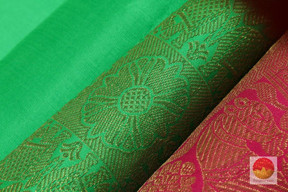 Green & Pink Borderless Kanchipuram Silk Saree Handwoven Pure Silk Pure Zari For Festive Wear PV G 4112 - Silk Sari - Panjavarnam