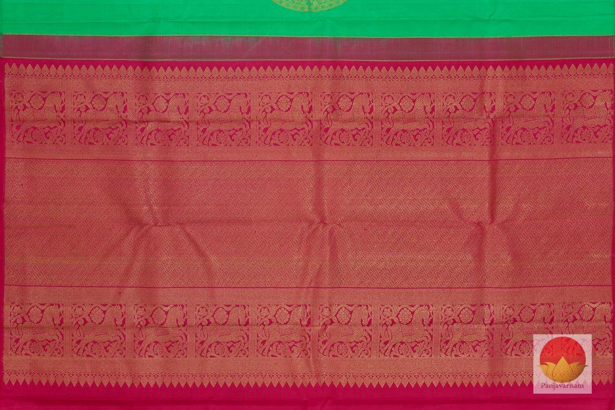Green & Pink Borderless Kanchipuram Silk Saree Handwoven Pure Silk Pure Zari For Festive Wear PV G 4112 - Silk Sari - Panjavarnam