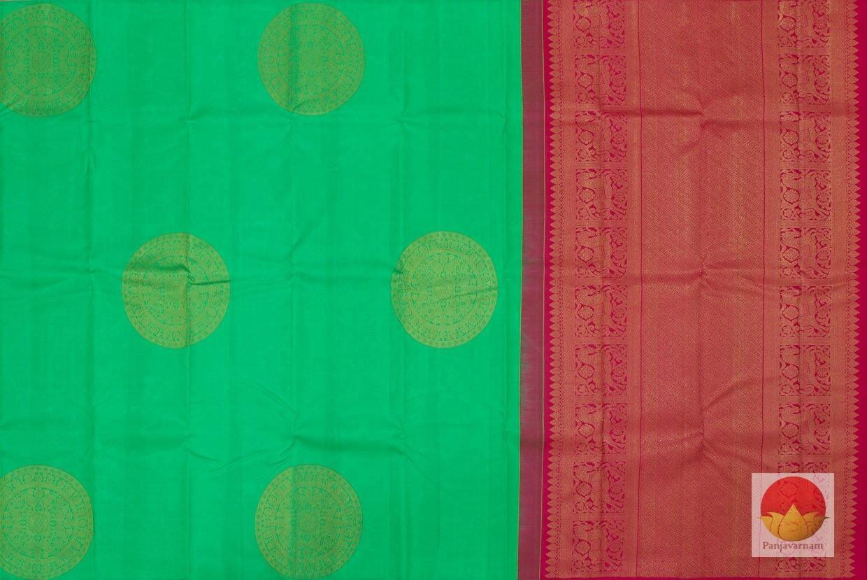 Green & Pink Borderless Kanchipuram Silk Saree Handwoven Pure Silk Pure Zari For Festive Wear PV G 4112 - Silk Sari - Panjavarnam PV G 4112