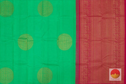 Green & Pink Borderless Kanchipuram Silk Saree Handwoven Pure Silk Pure Zari For Festive Wear PV G 4112 - Silk Sari - Panjavarnam PV G 4112