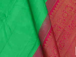 Green & Pink Borderless Kanchipuram Silk Saree Handwoven Pure Silk Pure Zari For Festive Wear PV G 4112 - Silk Sari - Panjavarnam PV G 4112