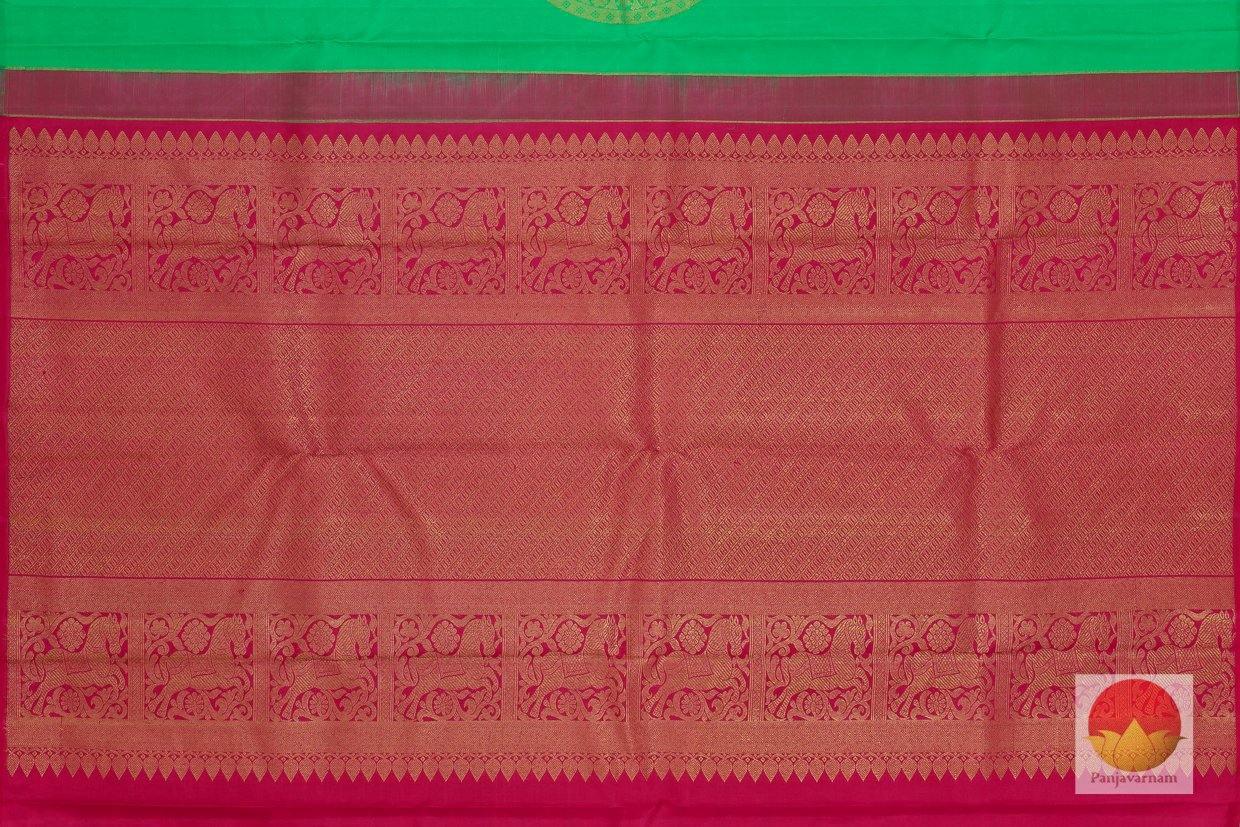 Green & Pink Borderless Kanchipuram Silk Saree Handwoven Pure Silk Pure Zari For Festive Wear PV G 4112 - Silk Sari - Panjavarnam PV G 4112