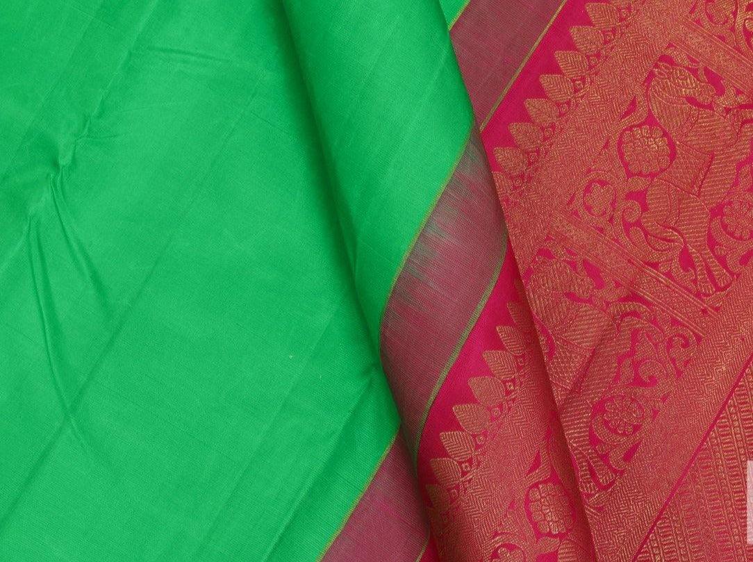Green & Pink Borderless Kanchipuram Silk Saree Handwoven Pure Silk Pure Zari For Festive Wear PV G 4112 - Silk Sari - Panjavarnam PV G 4112