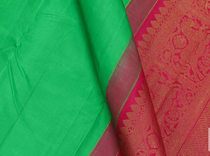 Green & Pink Borderless Kanchipuram Silk Saree Handwoven Pure Silk Pure Zari For Festive Wear PV G 4112 - Silk Sari - Panjavarnam PV G 4112