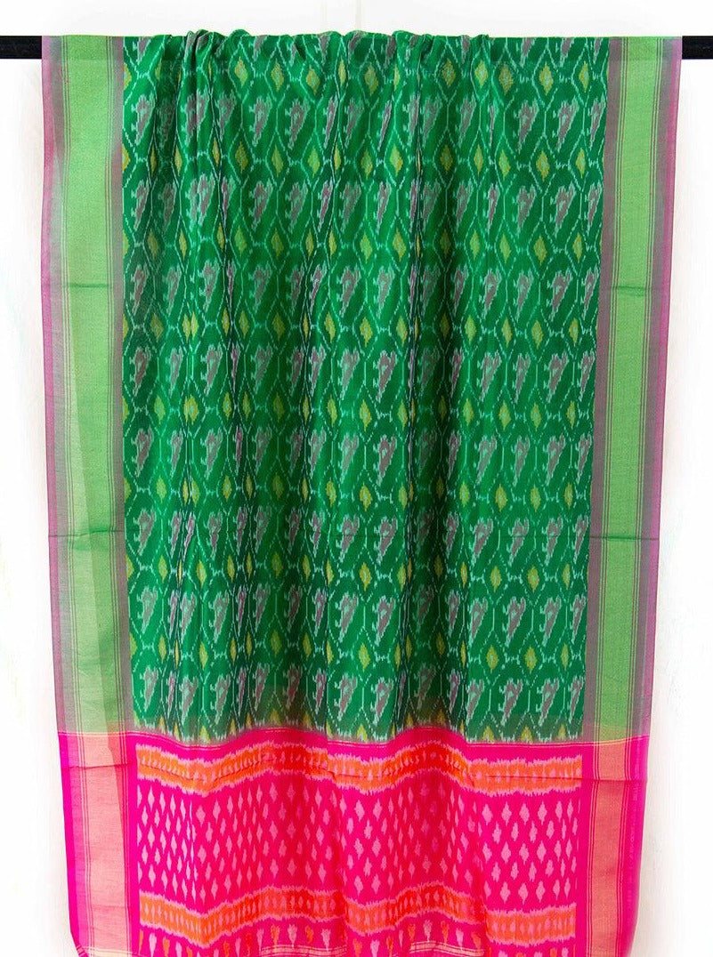 Green And Pink Pochampally Ikkat Silk Dupatta PVD 1029 - Dupattas - Panjavarnam