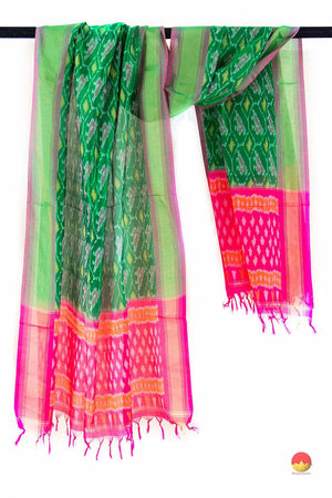 Green And Pink Pochampally Ikkat Silk Dupatta PVD 1029 - Dupattas - Panjavarnam PVD 1029