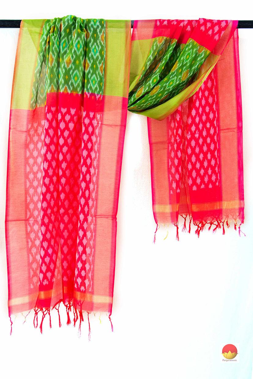 Green And Pink Pochampally Ikkat Silk Dupatta With Gold Zari Border PVD 1049 - Dupattas - Panjavarnam PVD 1049