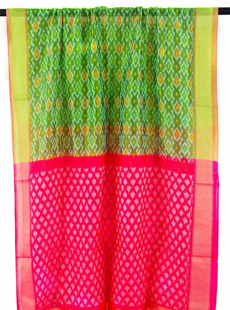 Green And Pink Pochampally Ikkat Silk Dupatta With Gold Zari Border PVD 1049 - Dupattas - Panjavarnam PVD 1049