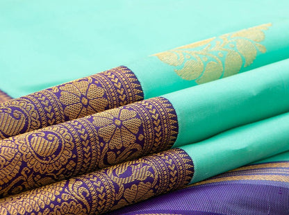 Green And Royal Blue Kanchipuram Silk Saree Handwoven Pure Silk Pure Zari For Festive Wear PV NYC 407 - Silk Sari - Panjavarnam