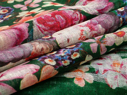Green Handwoven Linen Saree Digital Print PL 1027 - Linen Sari - Panjavarnam