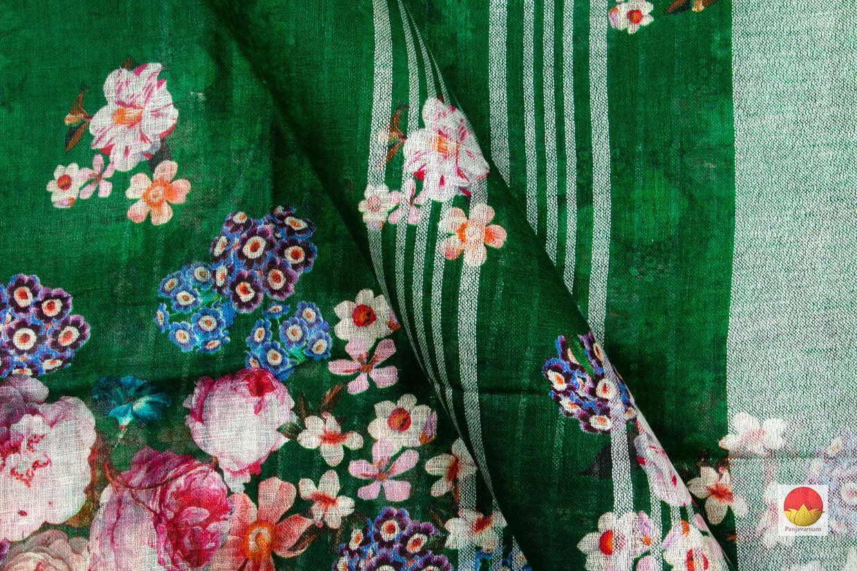 Green Handwoven Linen Saree Digital Print PL 1027 - Linen Sari - Panjavarnam PL 1027