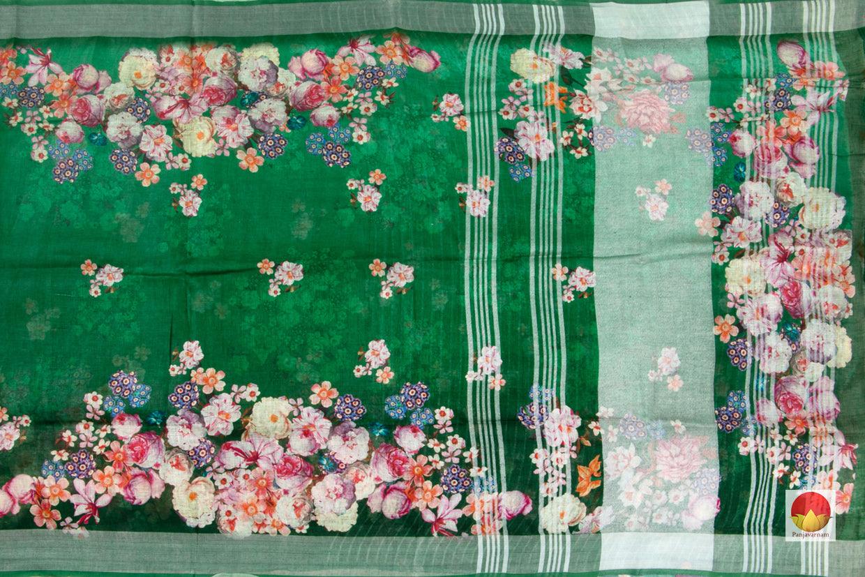 Green Handwoven Linen Saree Digital Print PL 1027 - Linen Sari - Panjavarnam PL 1027