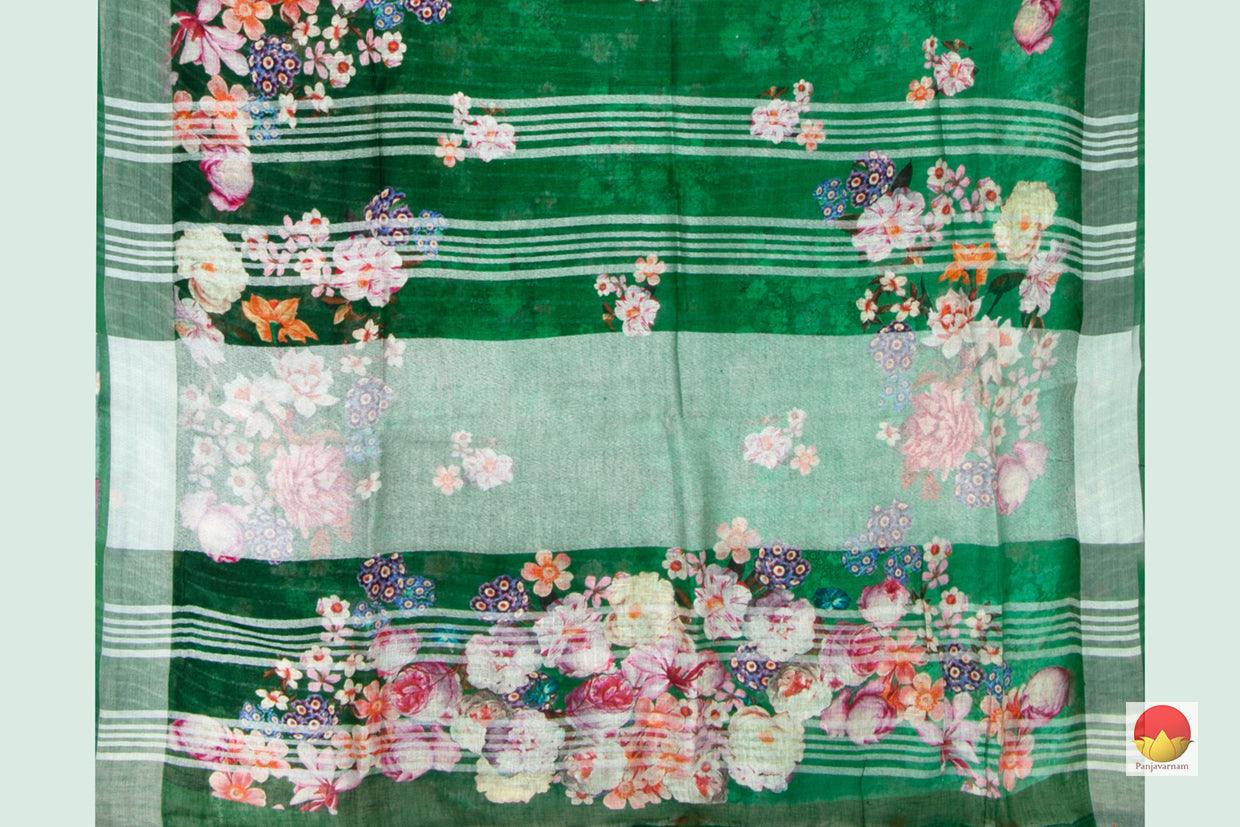 Green Handwoven Linen Saree Digital Print PL 1027 - Linen Sari - Panjavarnam PL 1027