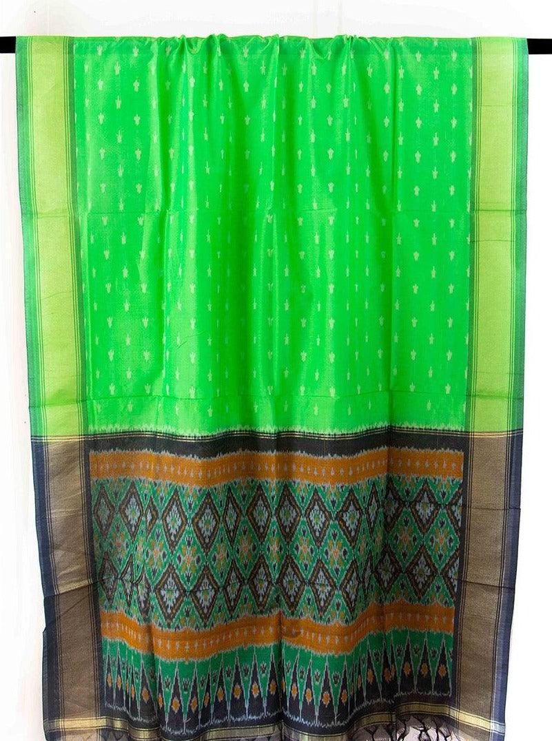Green Pochampally Ikkat Silk Dupatta With Zari Border PVD 1014 - Dupattas - Panjavarnam 