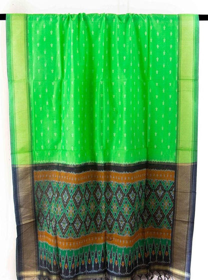 Green Pochampally Ikkat Silk Dupatta With Zari Border PVD 1014 - Dupattas - Panjavarnam 