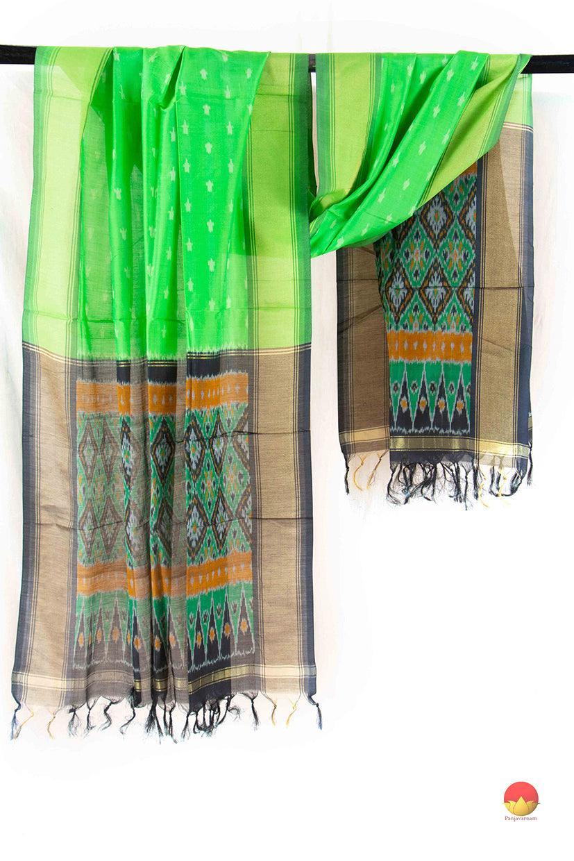 Green Pochampally Ikkat Silk Dupatta With Zari Border PVD 1014 - Dupattas - Panjavarnam 