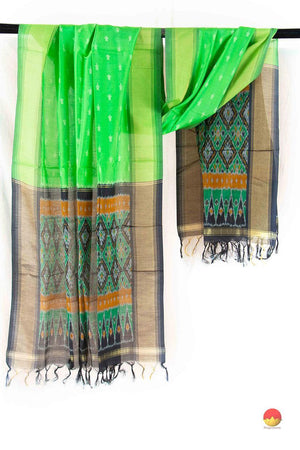 Green Pochampally Ikkat Silk Dupatta With Zari Border PVD 1014 - Dupattas - Panjavarnam 