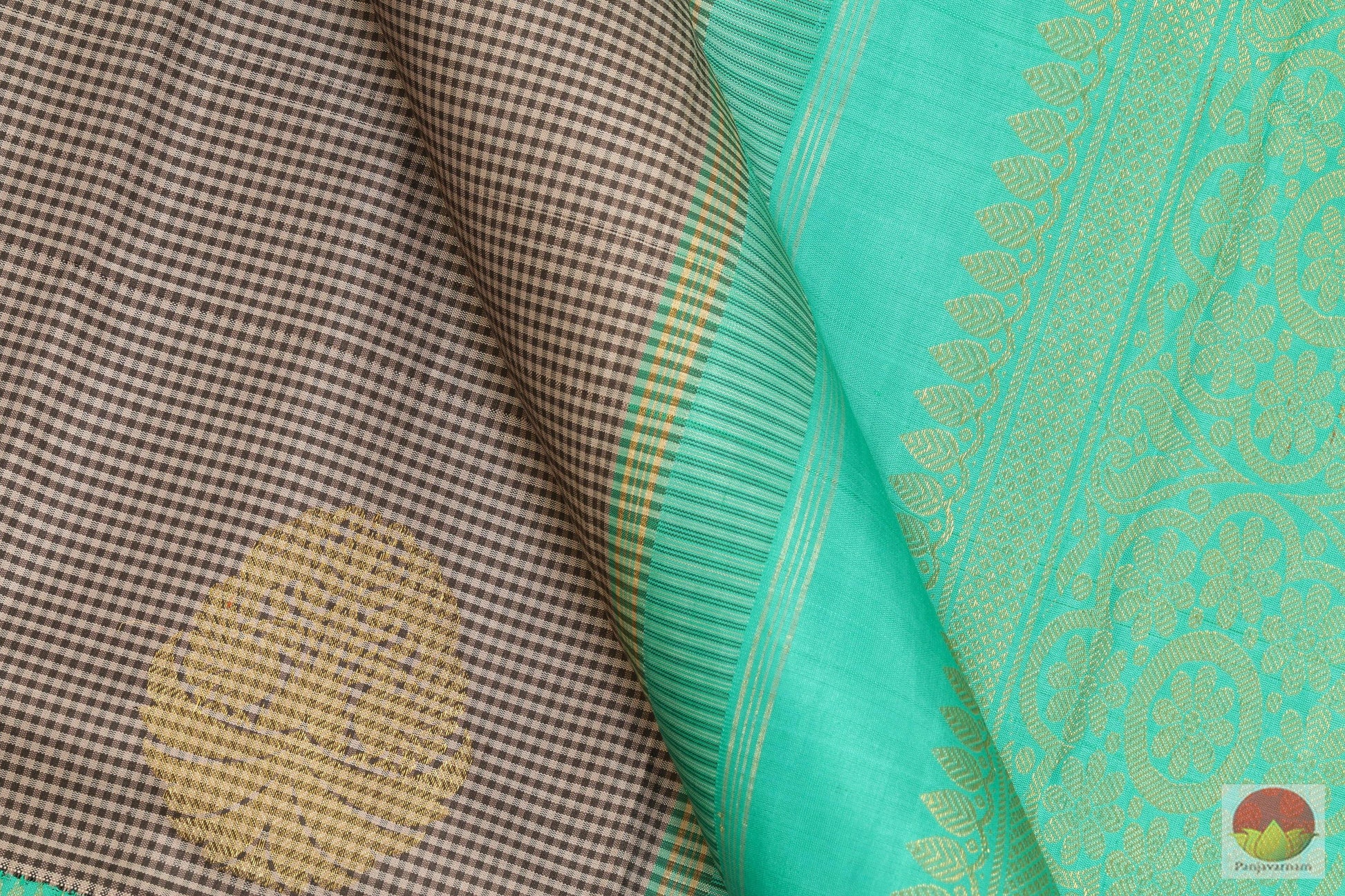 Grey And Green Kanchipuram Silk Saree Handwoven Pure Silk Pure Zari For Party Wear PV ASB 14 - Silk Sari - Panjavarnam PV ASB 14