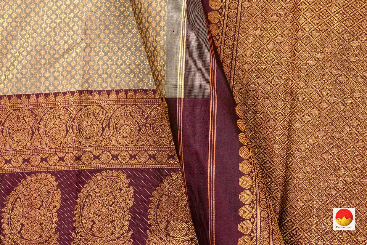 Grey And Maroon Kanchipuram Silk Saree Handwoven Pure Silk Pure Zari For Wedding Wear PV NYC 448 - Silk Sari - Panjavarnam