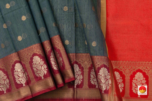 Grey Banarasi Silk Cotton Saree With Maroon Border Handwoven PSC 1212 - Silk Cotton - Panjavarnam