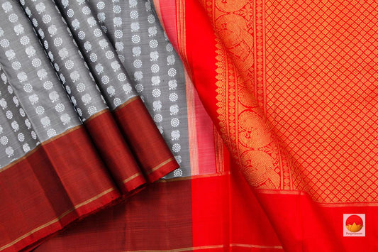 Grey Kanchipuram Silk Saree Handwoven Pure Silk Pure Zari For Office Wear PV G 4291 - Silk Sari - Panjavarnam