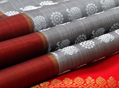 Grey Kanchipuram Silk Saree Handwoven Pure Silk Pure Zari For Office Wear PV G 4291 - Silk Sari - Panjavarnam PV G 4291