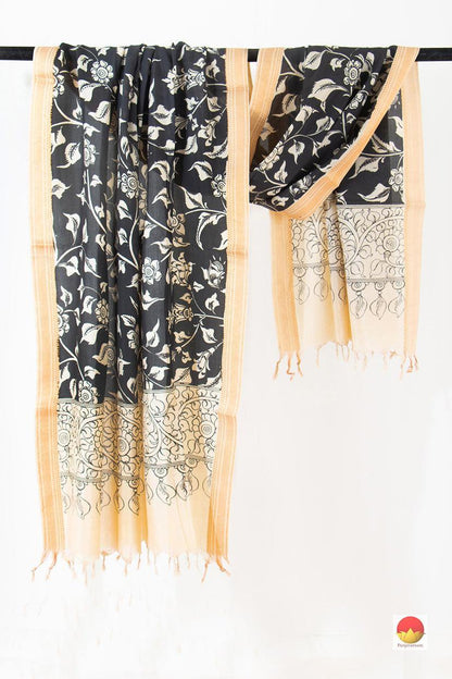 Handpainted Kalamkari Mangalgiri Dupatta With Zari Border PVD 1027 - Dupattas - Panjavarnam PVD 1027