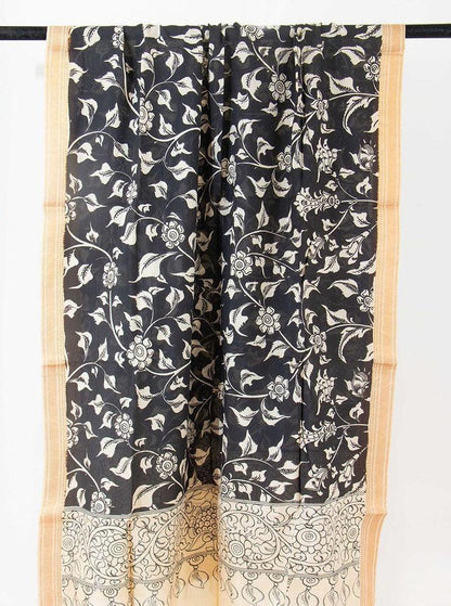 Handpainted Kalamkari Mangalgiri Dupatta With Zari Border PVD 1027 - Dupattas - Panjavarnam PVD 1027