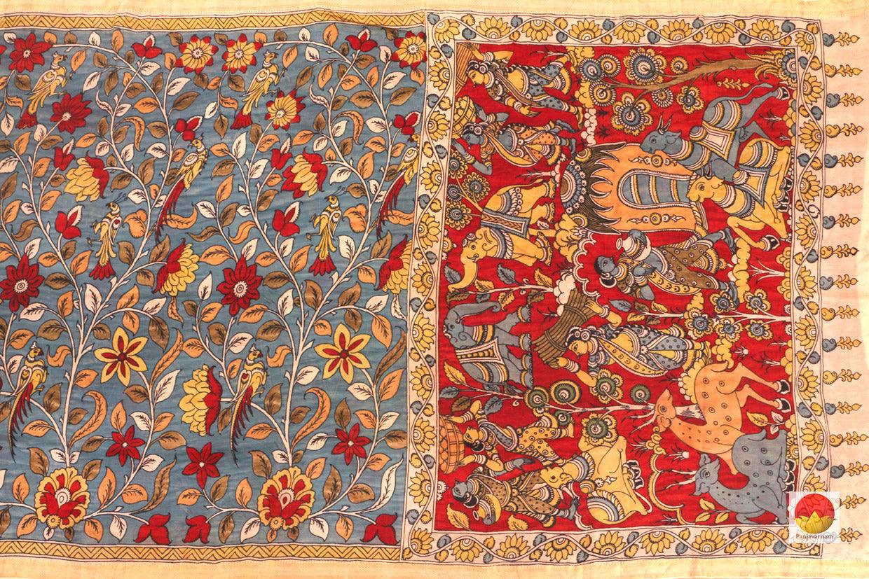 Handpainted Kalamkari Mangalgiri Silk Saree - Organic Dyes - PKMS 02 - Archives - Kalamkari Silk - Panjavarnam