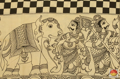Handpainted Kalamkari Monochrome Silk Saree - Vegetable Dyes - PKM 318 - Archives - Kalamkari Silk - Panjavarnam