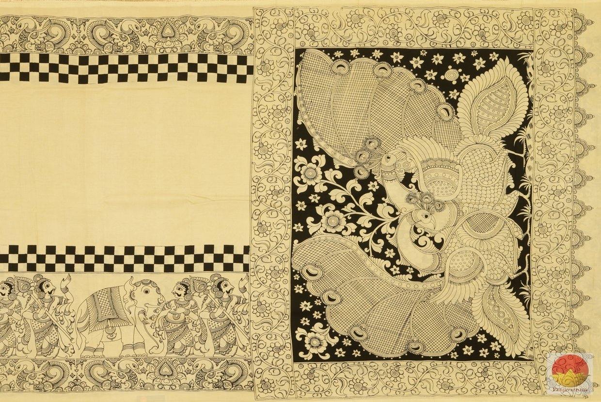 Handpainted Kalamkari Monochrome Silk Saree - Vegetable Dyes - PKM 318 - Archives - Kalamkari Silk - Panjavarnam