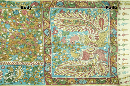 Handpainted Kalamkari Silk Saree - Vegetable Dyes - PKJ 106 - Kalamkari Silk - Panjavarnam