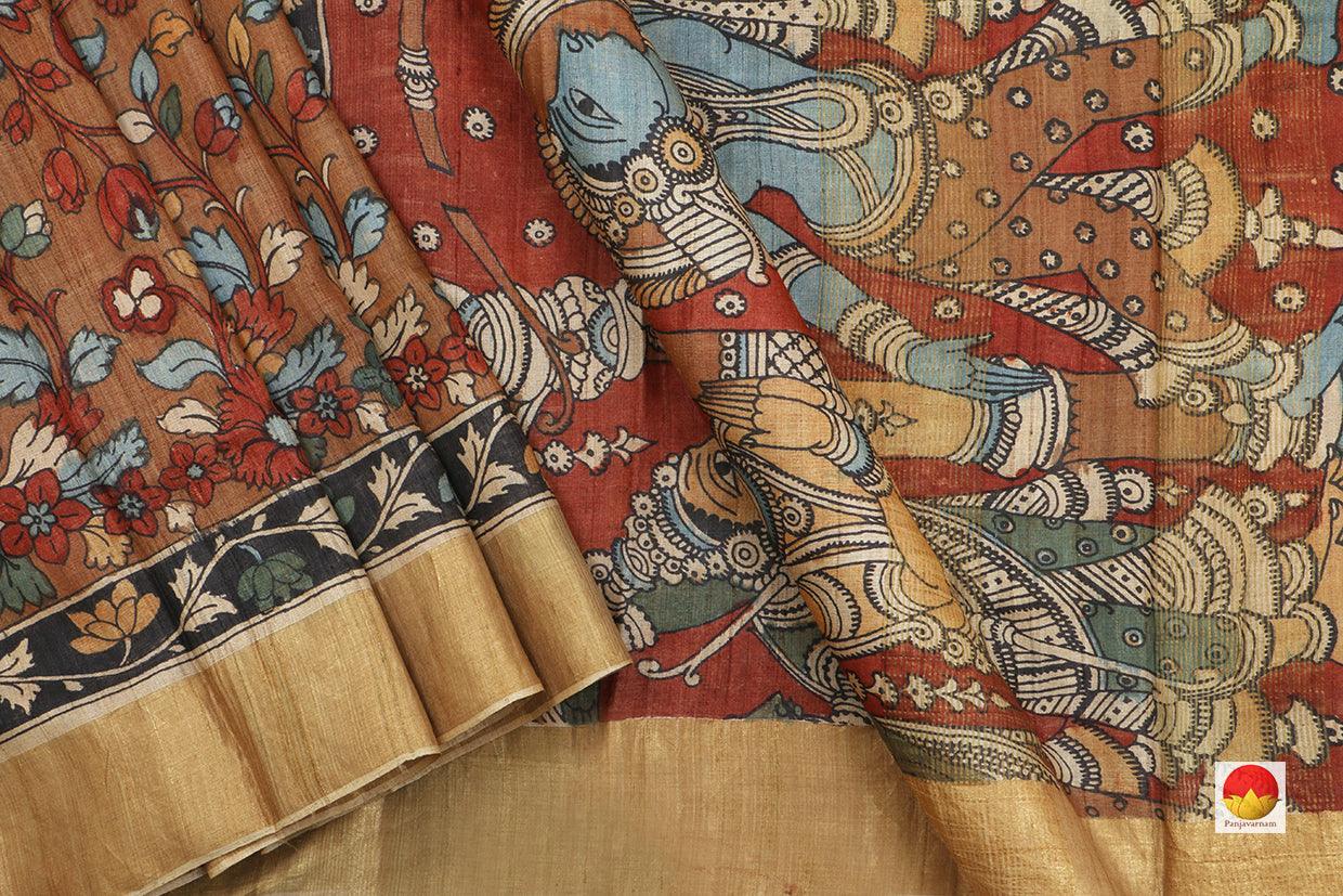 Handpainted Kalamkari Tussar Silk Saree - Organic Dyes - PKD 215 - Archives - Kalamkari Silk - Panjavarnam