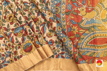 Handpainted Kalamkari Tussar Silk Saree - Organic Dyes - PKM 357 - Kalamkari Silk - Panjavarnam