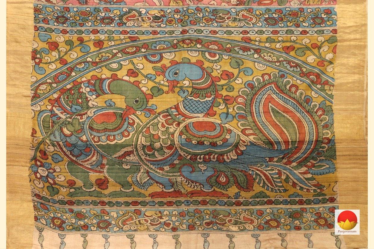 Handpainted Kalamkari Tussar Silk Saree - Organic Dyes - PKM 360 - Archives - Kalamkari Silk - Panjavarnam