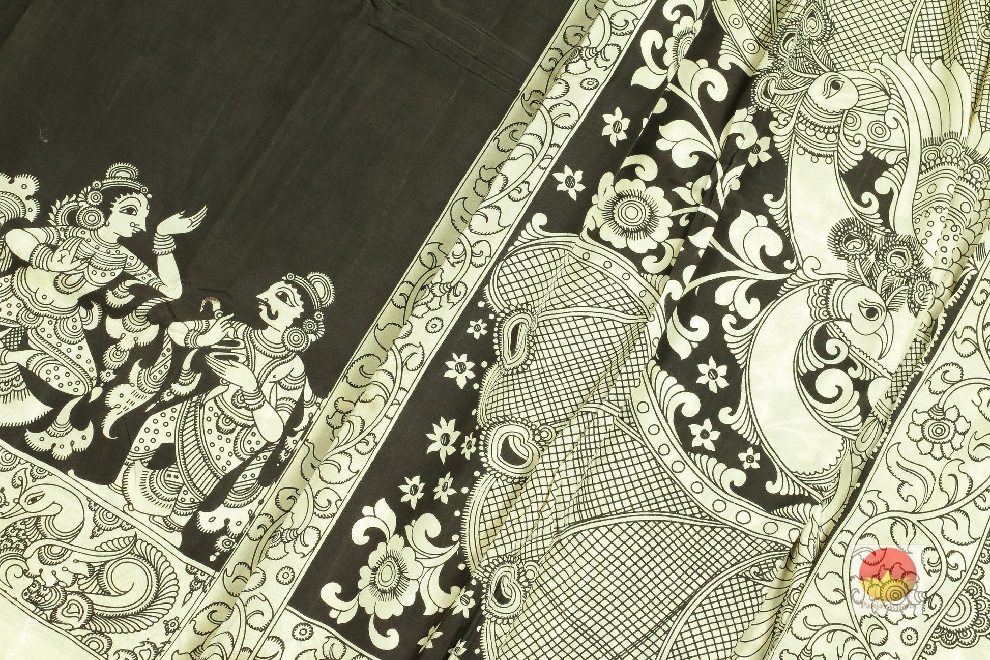 Handpainted Monochrome Kalamakari Silk Saree - Organic Colours - PKO 122 Archives - Kalamkari Silk - Panjavarnam