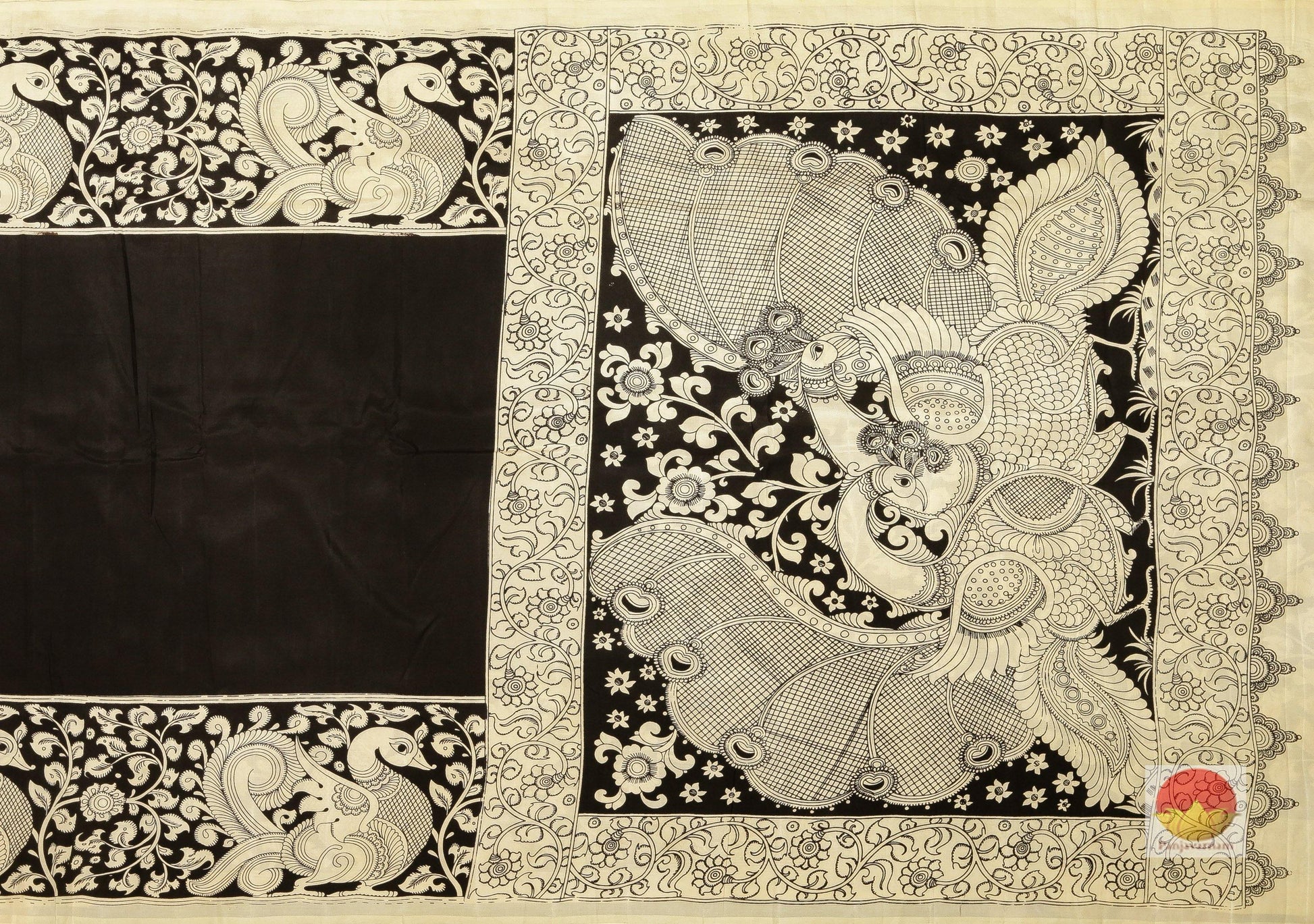 Handpainted Monochrome Kalamkari Silk Saree - Organic Colours - PKM 226 - Archives - Kalamkari Silk - Panjavarnam