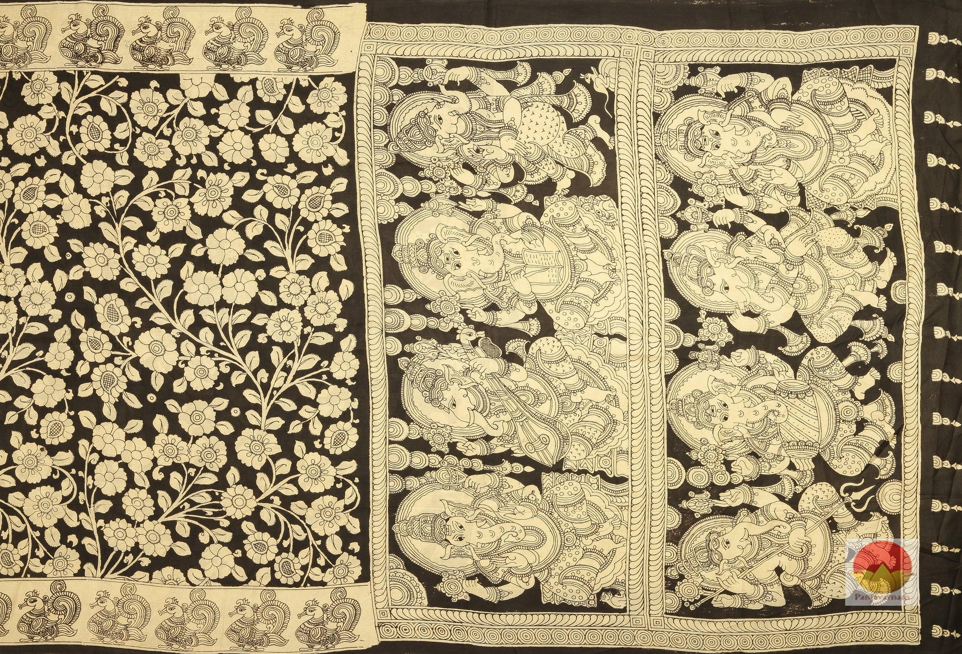 Handpainted Monochrome Kalamkari Silk Saree - Organic Dyes - PKD 137 Archives - Kalamkari Silk - Panjavarnam