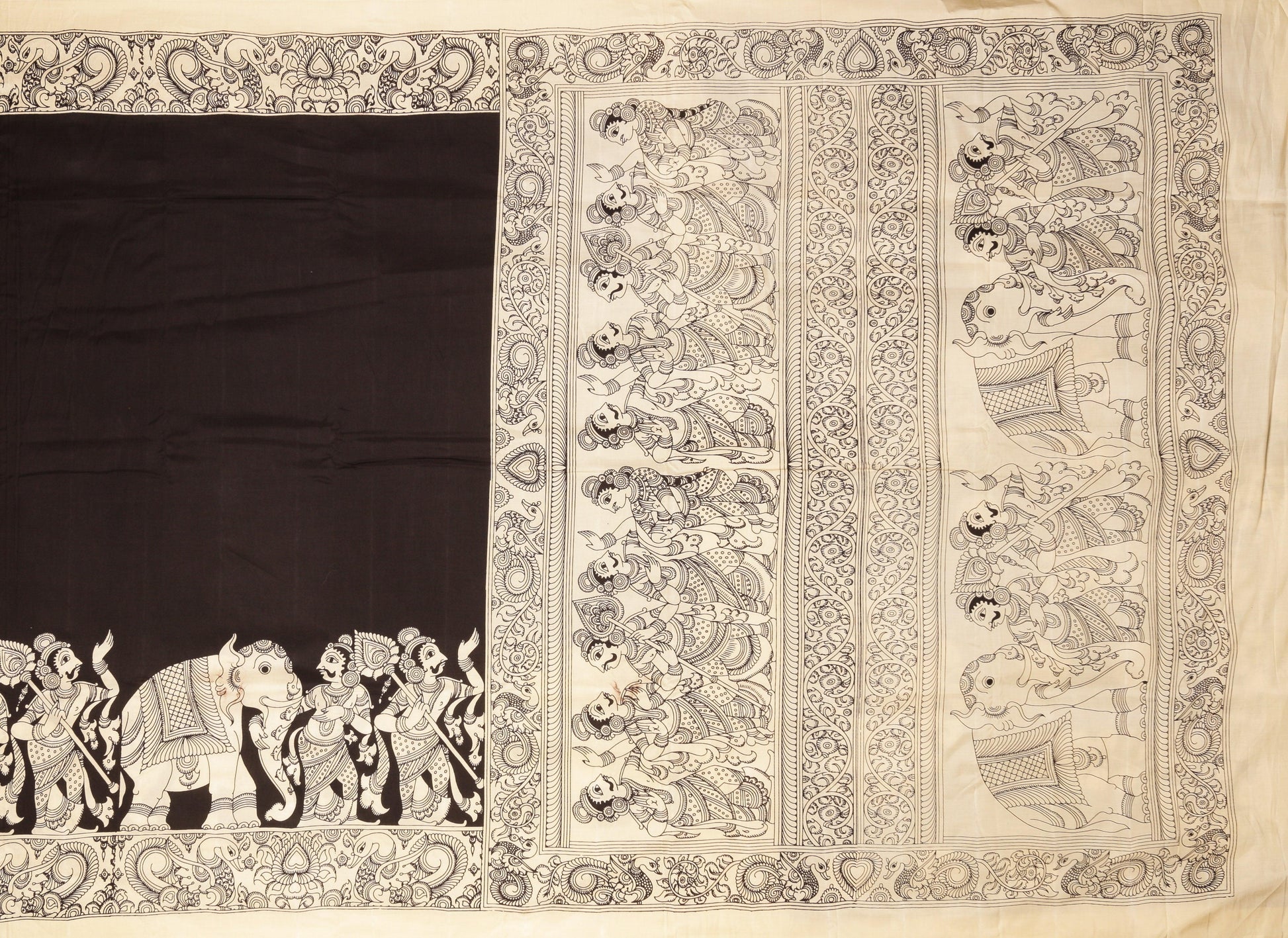 Handpainted Monochrome Kalamkari Silk Saree - Organic Dyes - PKM 225 Archives - Kalamkari Silk - Panjavarnam