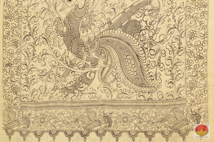 Handpainted Monochrome Kalamkari Silk Saree - Organic Dyes - PKM 246 - Archives - Kalamkari Silk - Panjavarnam