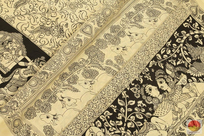 Handpainted Monochrome Kalamkari Silk Saree - Organic Dyes - PKM 260 Archives - Kalamkari Silk - Panjavarnam